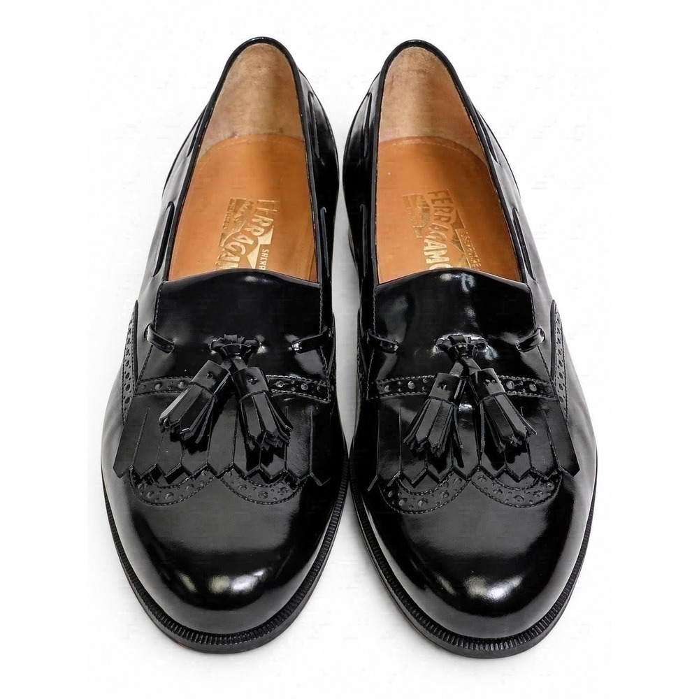 Salvatore Ferragamo Black Patent Tassel Kiltie Loafers Mens 9.5 D Italy NWOB
